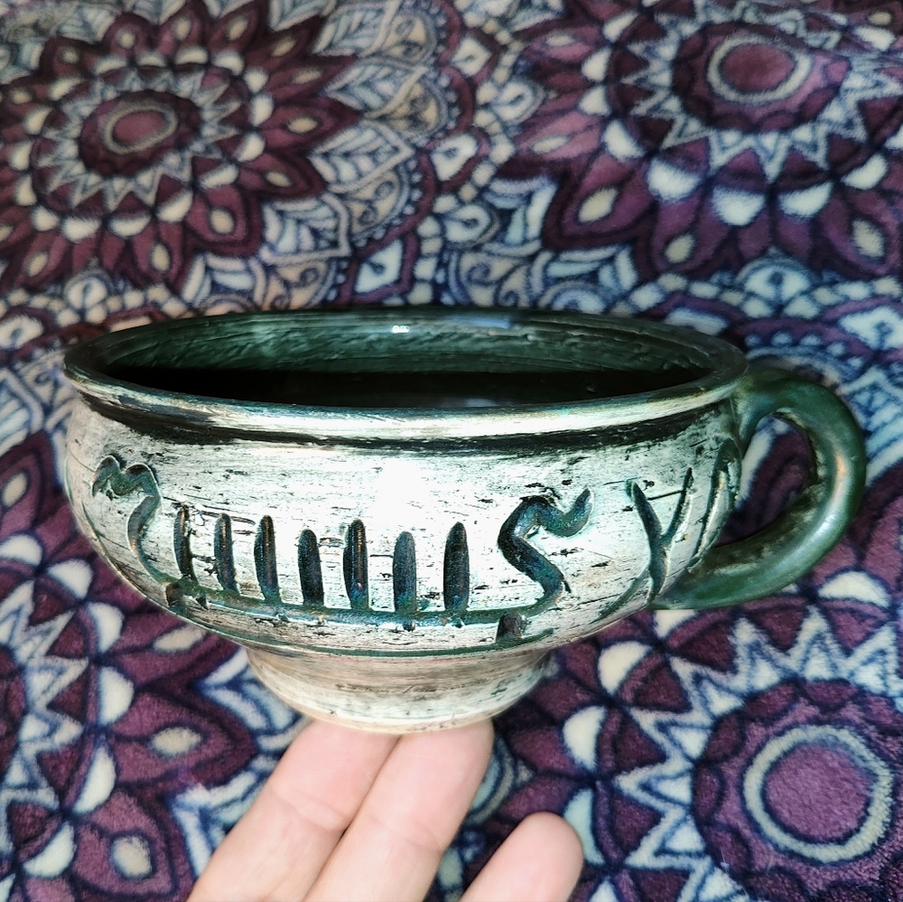 Arol Ceramic Norway, Primitive Viking Cup, Soup Cup, Green
